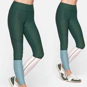 Outdoor Voices Women's XS Hunter Green Blue Pink Colorblock 7/8 Midrise Leggings